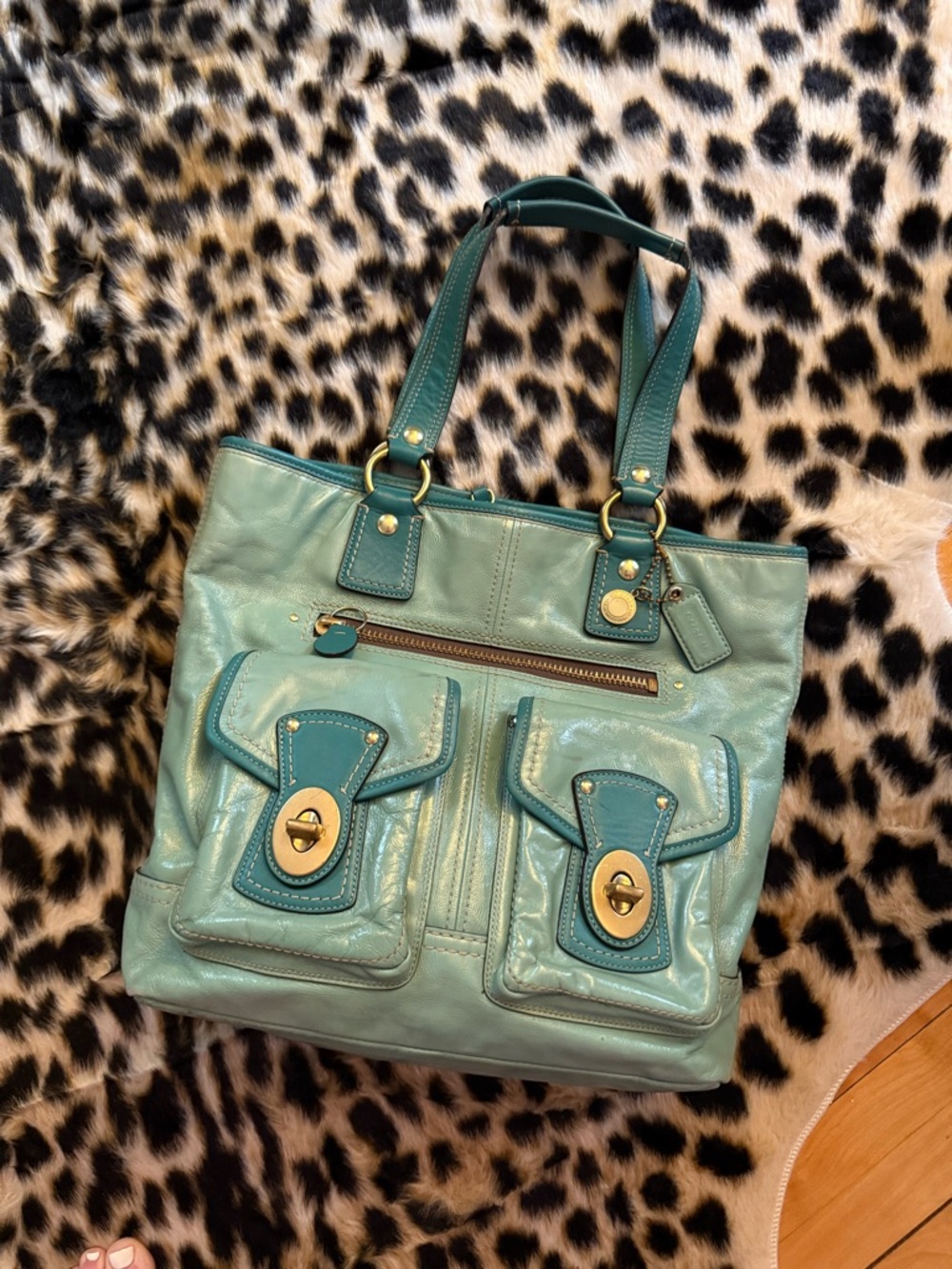 Coach Rare Anniversary Gigi Legacy Tote Teal Turquoise Patent Leather